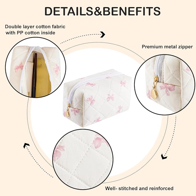 Cute Floral Makeup Bag Small Cotton Quilted Cosmetic Bag, Aesthetic Essential Bag Emergency Bag Gift for Women Girls Travel Accessories (Pink Small Bowknot)