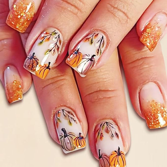 XZMeiLun Halloween Press On Nails Short Square, Orange Fall Acrylic Press On Nails, Pumpkin Glitter Designer Reusable Fake Nails, Glue On Nail Press Ons for Hallows' Day Women