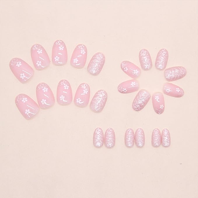 JONKASIPA Floral Press On Nails Short Lightweight Fake Nails Cute Artificial Acrylic Nails Full Coverage Reusable Adhesive Nails Suitable for Women 24 Pcs Set