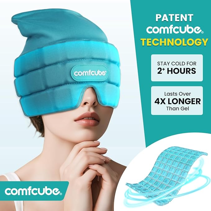 Comfcube Migraine & Headache Relief Ice Cap, 2 Hours Long Lasting Cold Therapy Wearable & Washable Form Fitting Ice Hat for Sinus & Stress Relief, Puffy Eyes, Severe Migraines, Chemo