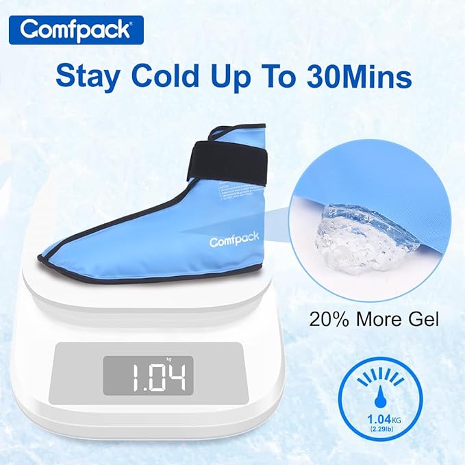 Comfpack Foot Ankle Ice Pack Wrap for Plantar Fasciitis, 2 Packs Reusable Gel Ice Pack for Foot After Surgery, Ice Boot Pain Relief for Achilles Tendonitis, Bunion, Swelling