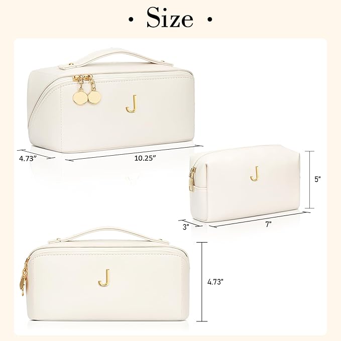 Valentines Day Gifts for Women Teen Girl, Personalized Initial Makeup Organizer Bag Set, Open Flat Travel Cosmetic Bag With Clear Divider and Handle(Large-Beige,J)