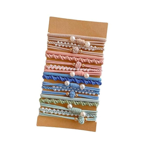 Multistyle Hair Ties Set: Gentle High Elasticity Ponytail Scrunchie Bracelet for Women (6-Pearl Colorful Set:20, One Size)