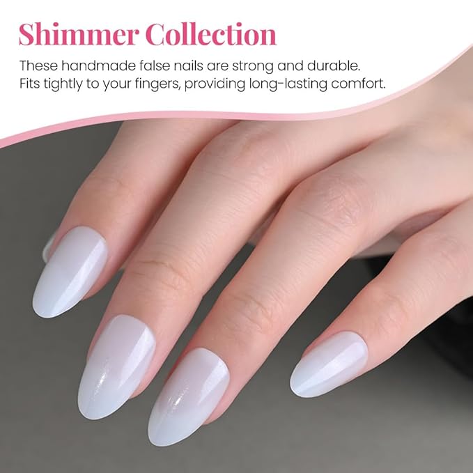 evpct Press on Nails Almond Short, White Glitter Shimmer Shiny Short Almond Fake Nails for Women Gift, Soft Gel Press Stick on Nails with Nail Kit, 30Pcs Reusable Acrylic Fake Nail Manicure Kit Set
