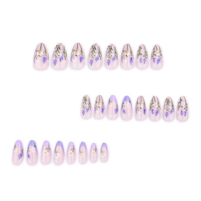 XZMeiLun Press On Nails Spring Summer Acrylic Nails for Women - Lavender Designer Fake Nails Short Almond 24PCS, Glossy Soft Gel with Glue, Outdoor Picnic/Wedding/Party Reusable Stick On Nails Gift