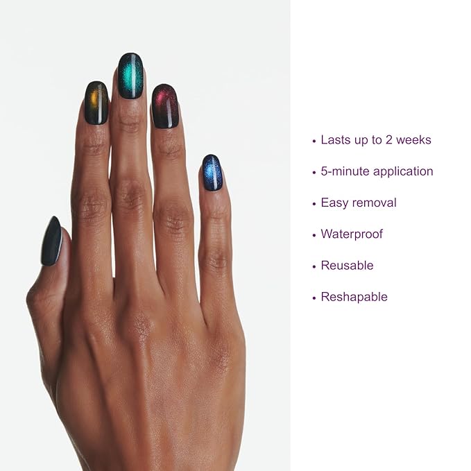 LAMIMOSA 32Pcs Cat Eye Press On Nails Short Round, Soft Gel Black Fake Nails in 16 Sizes, Reusable Glue on Nails Kit, GALAXY