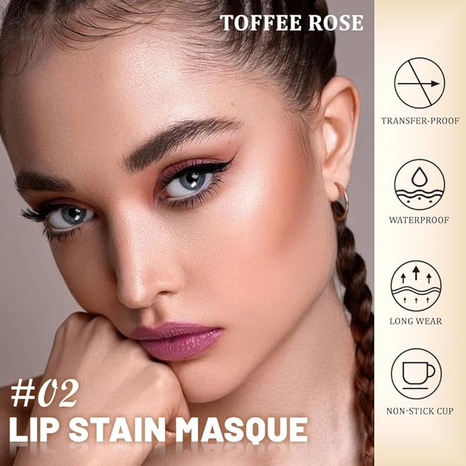 evpct Rose Peel Off Lip Stain Tints with Tweezer, Matte Lipstick Lip Stain Gloss Long Lasting Waterproof for Women, Non-stick Cup Lipstick Peel Off High Pigmented 24 Hrs Original Lips Stains, 02