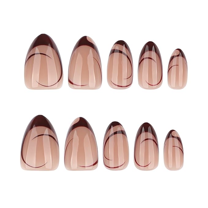 XZMeiLun Brown French Tip Press On Nails Acrylic for Women - Designer Fake Nails Short Almond 24PCS, Glossy Soft Gel with Glue, Outdoor Picnic/Wedding/Party Reusable Glue On Nails Stick On Nails Gift