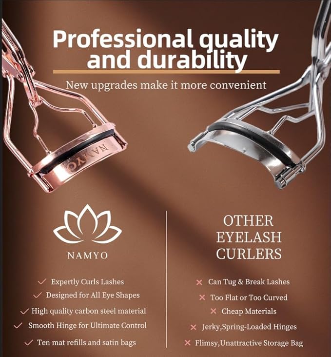 Namyo Premium Eyelash Curler Rose Gold Edition - Makeup Eyelash Tool with Lasting Lift and Precision Curl. Holiday Gift Ready Packaging. Soft Grip. Extra Silicone Refills. Travel Ready.
