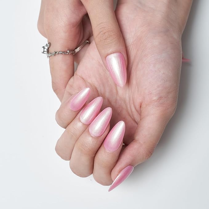 GLAMERMAID Pink Press on Nails Medium Almond, Handmade Glitter Shimmer Neutral Jelly Chrome Gel Glue on Nail Stiletto, Glossy Fake Nails Short Oval，Reusable Acrylic Stick on False Nail Kits for Women