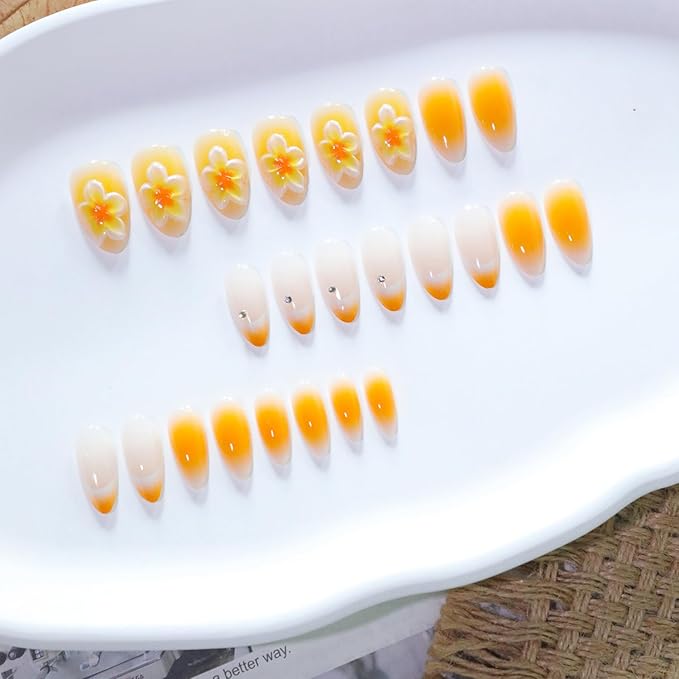 24pcs Yellow Press on Nails Medium Almond Fake Nails 3D Flower Nail Art with Short Almond-Shaped French Nails, for Women and Girls Graduation Balls Parties Dates Wear