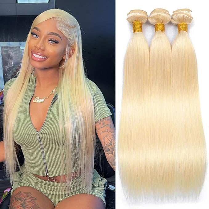613 Blonde Straight Bundles Human Hair 18 20 22 Inch,12A Grade Brazilian Unprocessed Virgin Human Hair 613 Blonde Bundles Straight Hair Extensions