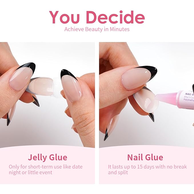 Canvalite Black French Tip Press On Nails, 30Pcs Short Press on Nails Almond Reusable Acrylic Fake Nails with Glue & Glue Remover Easy to Use Manicure Kit for Women