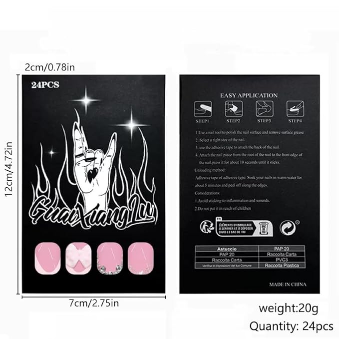 CTTHNBD Press on Nails Square - Medium Fake Nails with Bow Deisgn - Rhinestone, Pink French Tip False Nails - for Women 24 Pcs