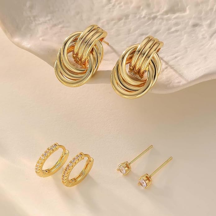 3Pairs Gold Hoop Earrings Set for Women Trendy Chunky Huggie Dainty Earring Jewelry for Women Teens