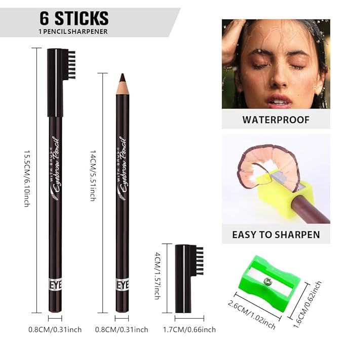 Eyebrow Pencils for Women with Sharpener, 6Pcs Hard-Core Wooden Eye Brow Eye Liner Pencils for Beginner Makeup, Waterproof & Sweat-Proof (6Pcs-Dark Brown)