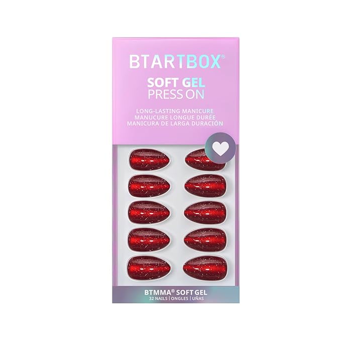 BTArtbox Press On Nails Short - New Red, Sparkle Deep Red Almond Valentines Press On Nails with Glue and Adhesive Tabs for Women in 16 Sizes - 32 Soft Gel Glue On Nails Kit