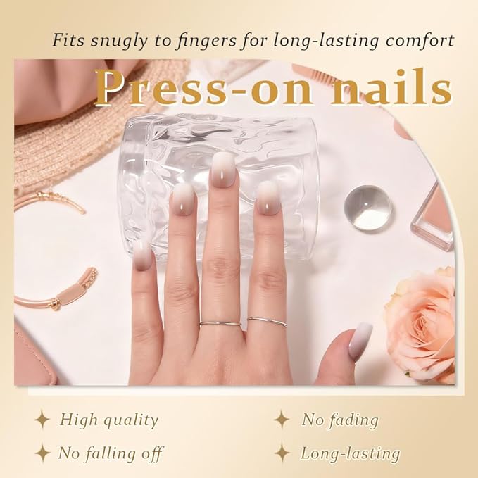 evpct Ombre Nude to Brown Press on Nails Extra Short, Petite Short Square Glossy Stick on Nails for Women Gift with Manicure Kit, Reusable Soft Gel Stick on Fake Nail with Ombre Designs Perfectly Fit
