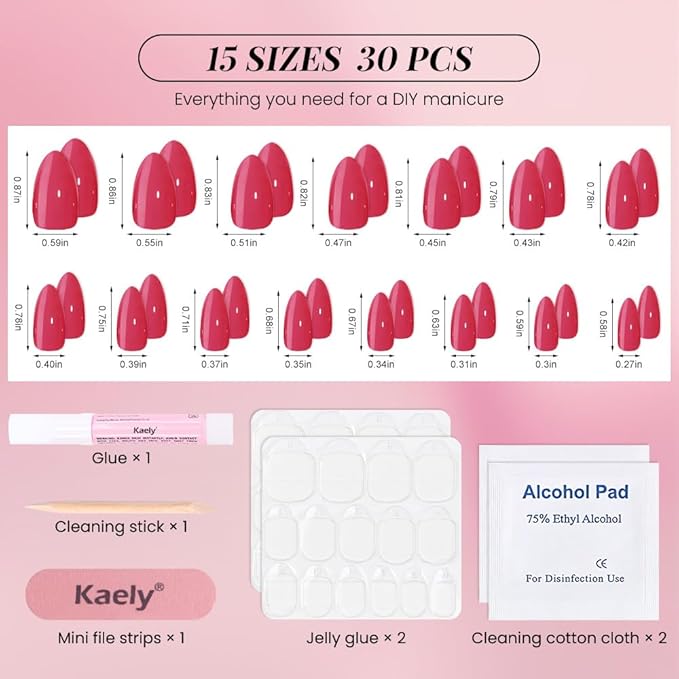 evpct Glossy Press on Nails Short Almond Short for Women, Red Fake Nail with Kits Salon Quality Reusable Stick on Nails In 15 Sizes 30Pcs Full Cover False Nail Soft Gel Set Kit for Gift, 21