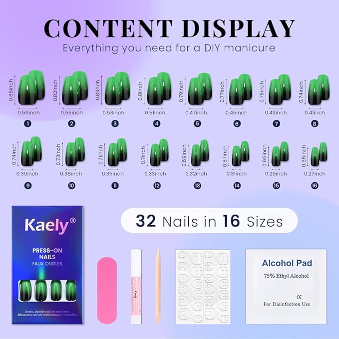evpct Ombre Green to Black Press on Nails Short Coffin, Short Coffin Glossy Stick on Nail for Women Gift with Manicure Kit, Reusable Soft Gel Stick on Fake Nail with Glitter Designs Perfectly Fit