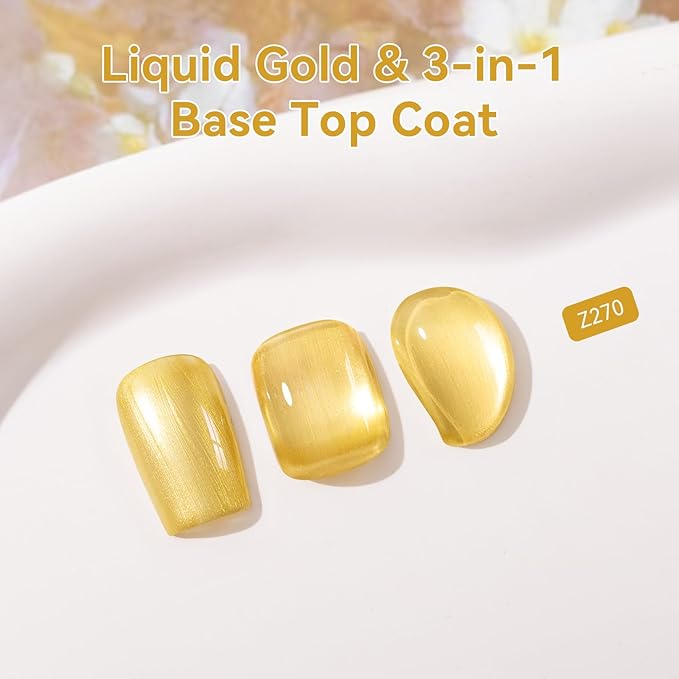 Nailshion Metallic Gold Nail Polish with Base Top Coat 3 IN 1 Nail Strengthener, Quick Dry Clear & Liquid Golden Nail Polish Duo, Opaque, Non-Gel, Professional Nails Art Kit Home Manicure DIY Gift