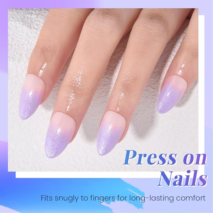 evpct Ombre Nude to Orchid Press on Nails Short Almond, Short Almond Glossy Stick on Nail for Women Gift with Manicure Kit, Reusable Soft Gel Stick on Fake Nail with Glitter Designs Perfectly Fit