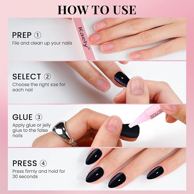 evpct Glossy Press on Nails Short Almond Short for Women, Black Fake Nail with Kits Salon Quality Reusable Stick on Nails In 15 Sizes 30Pcs Full Cover False Nail Soft Gel Set Kit for Gift, 29