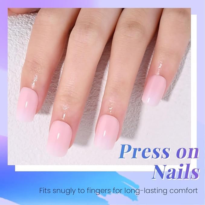 XZMeiLun Pink White Ombre French Tip Press on Nails, Short Square Acrylic Fake Nails Design, Natural Reusable Nails Kit for Women DIY False Nail Art Decoration Gift, Salon Quality Reusable 15/30 Psc