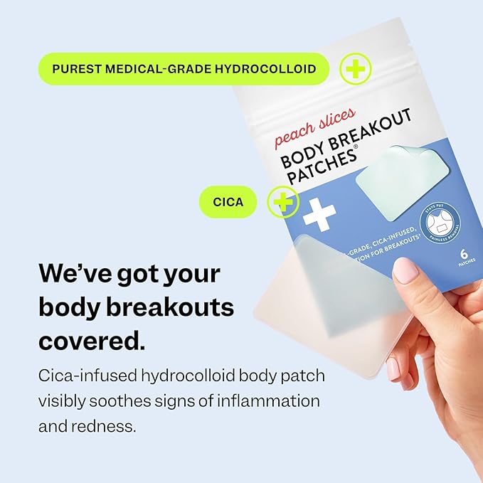 Peach Slices - Body Breakout Patches (6 ct) - Overnight Body Pimple Patches - Hypoallergenic - Flexible & Painless - Cica & Hydrocolloid Bandages - Vegan & Cruelty Free - Korean Skin Care & Beauty