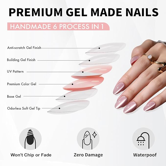 SHANGMENG Pink Cat Eye Press on Nails Short - Soft Gel Press on Nails Almond for Women Gift, Fit Perfectly & Natural Glue on Nails in 16 Sizes - 32 Reusable Fake Nails with Glue, Beige Pink