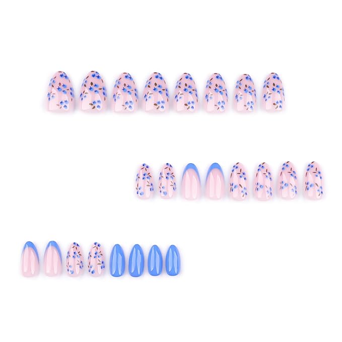 XZMeiLun Press On Nails Spring Summer Acrylic Nails for Women - Blue Flower Designer Fake Nails Short Almond 24PCS, Blueberry Gel with Glue, Outdoor Picnic/Wedding/Party Reusable Stick On Nails Gift