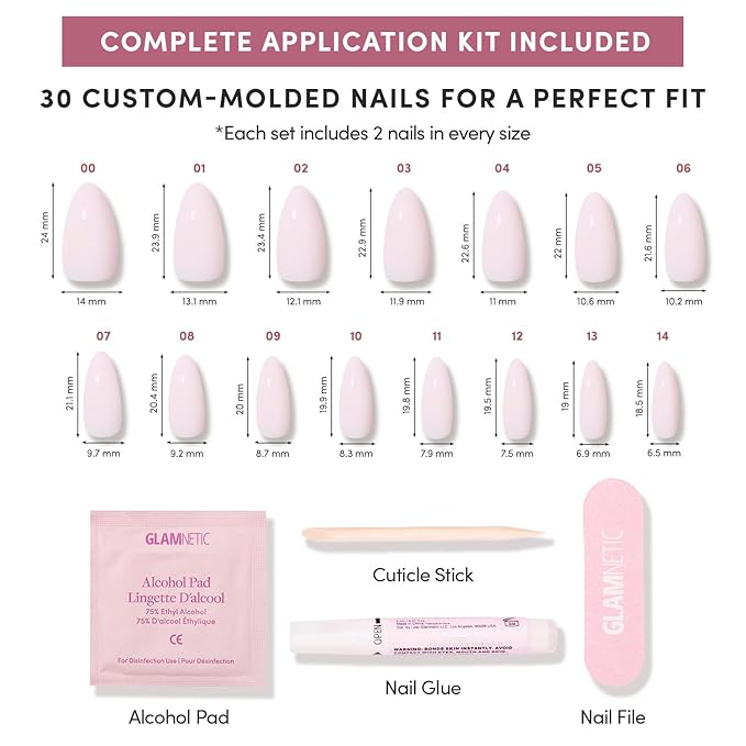 Glamnetic Press On Nails - Blush Blanket | Medium Almond Pink Fake Nails, Salon Quality Milky Nails | 15 Sizes - 30 Nail Kit with Glue