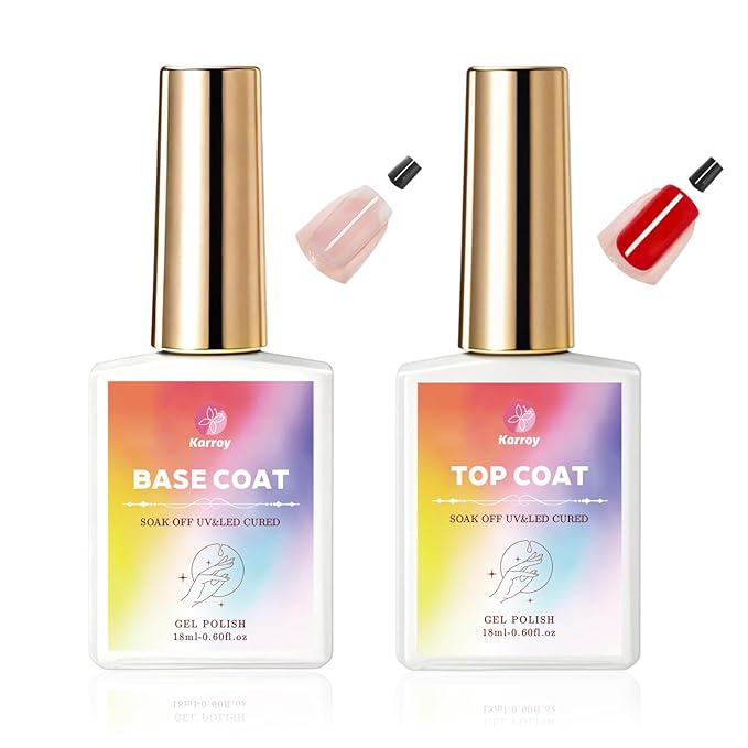 Karroy No Wipe Gel Polish Top Coat & Base Coat Set, 2PCS 18ml, High Gloss Shine Long-Lasting, Soak Off UV/LED Light Cured