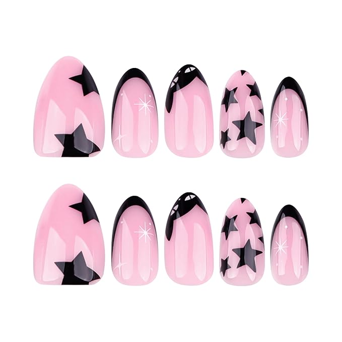 XZMeiLun Press On Nails Spring Acrylic Nails for Women - Star French Designer Fake Nails Short Almond 24PCS, Glossy Soft Gel with Glue, Outdoor Picnic/Wedding/Party Reusable Stick On Nails Gift