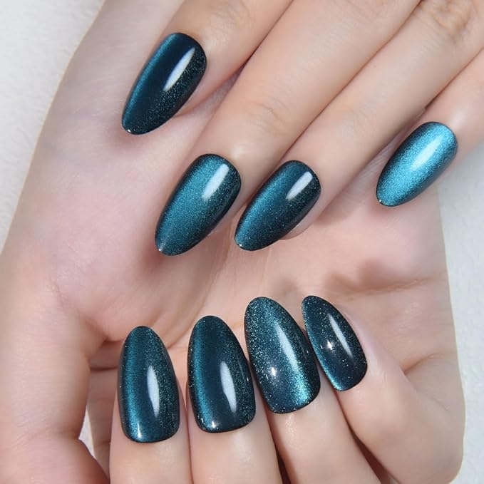 evpct Dark Blue Press on Nails Almond Short, Sapphire Blue Cat Eye Glitter Holographic Press on Nails, Soft Gel Press Stick on Nail with Nail Kit, Full Cover, 30Pcs Reusable Acrylic Fake Nails Kit