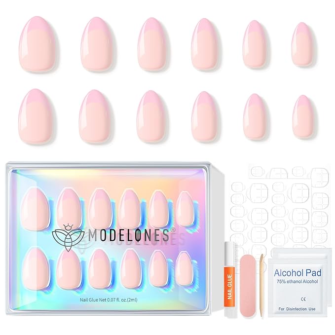 Modelones Pink French Tip Press on Nails Almond Valentine's Day, Short Almond Fake Nails, Nail Kit with Nail Glue Adhesive Tabs Mini Nail File, Nails Press Ons 32Pcs16 Sizes, Women Girl Gift