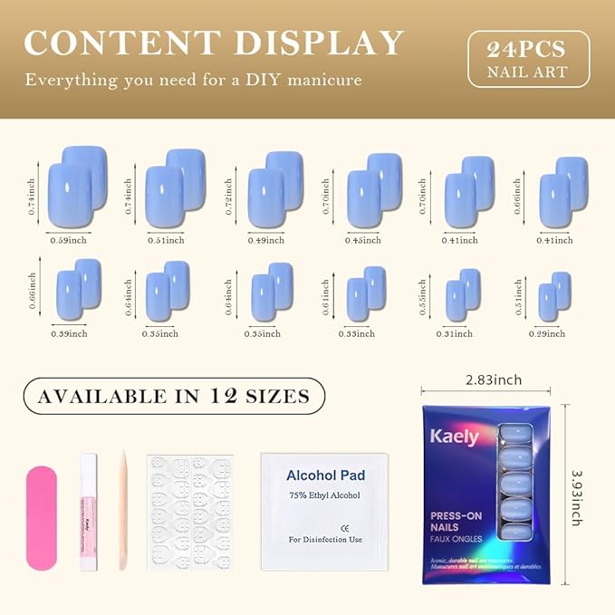 evpct Sky Blue Short Square Glossy Press on Nails for Women Gift, Glossy Sky Blue Fake Nail with Nail Kit Manicure Kit, Soft Gel Full Cover Reusable Stick on Soft Acrylic False Nails Perfectly Fit