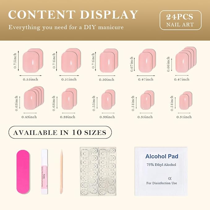 evpct Warm Pink Short Press on Nails Square, Glossy Soft Gel Acrylic Fake Press on Nails Manicure Kit, Reusable Artificial Stick on Nail for Women, Full Cover Easy Application Easy At-Home Salon