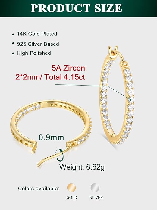 Wyyxl Womens Diamond Hoop Earrings, 20/25/30mm Small Hoop Sterling Silver Based Hypoallergenic Huggie Stud, Sparkle Moissanite 5a Cubic Zirconia Earings Jewelry for Woman Daily Party Wear