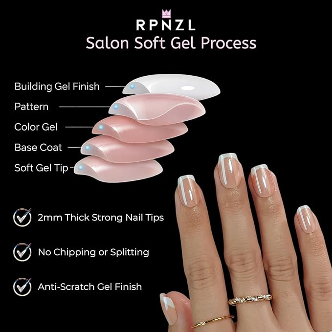 RPNZL Press On Nails - Sweetie | Short Square French Tip, UV Finish Almond Nails, Salon Quality | 32 Nails, 16 Sizes Kit with Glue and Adhesive Tabs I Female Founded