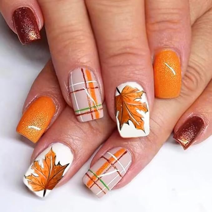 XZMeiLun Fall Press On Nails Short Square, Autumn Acrylic Press On Nails, Lattice Maple Leaf Designer Reusable Fake Nails, Glue On Nail Press Ons for Hallows' Day Women, Nails Press Ons