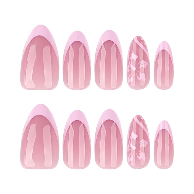 XZMeiLun French Tip Press On Nails Spring Summer Acrylic Nails for Women -Pink Flower Designer Fake Nails Short Almond 24Pcs,Outing/Party Reusable Glue On Stick On Nail Gift For Women