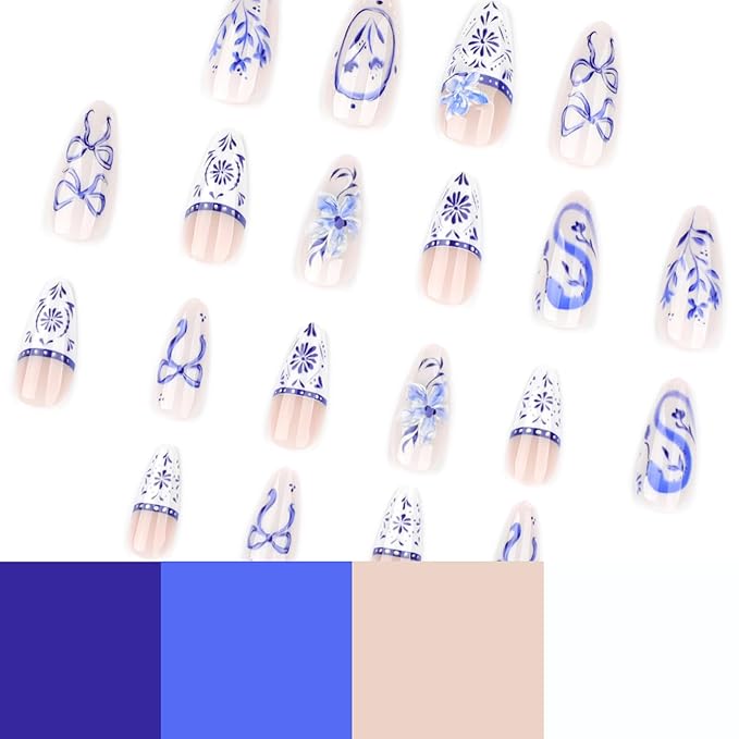 24Pcs Bohemian Style Press on Nails Almond Fake Nails Blue White French Manicure with Bow, Flower,Design Medium Snake Print False Nails Full Cover Artificial Nails Stick on Nail for Women DIY Manicure