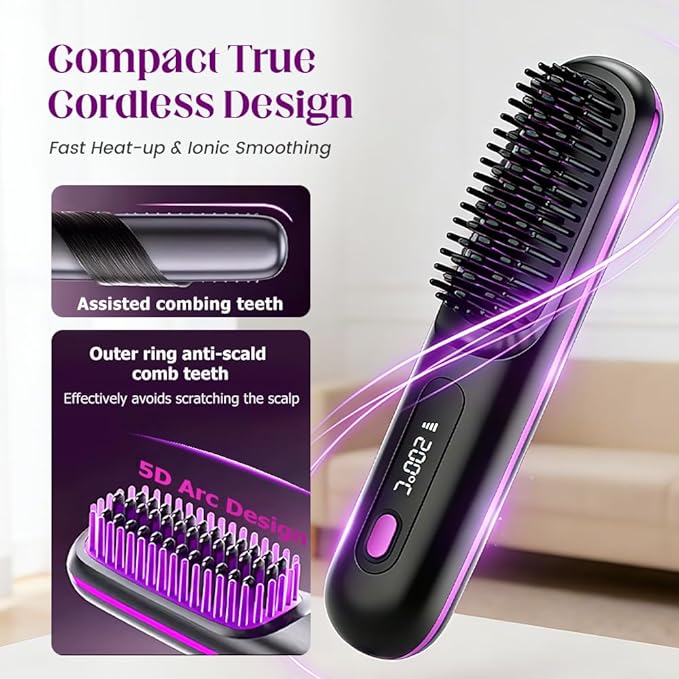 2026 New Cordless Hair Straightening with LCD Temperature Display, Fast Heating, Portable Hair Brushs for Travel (Purple)