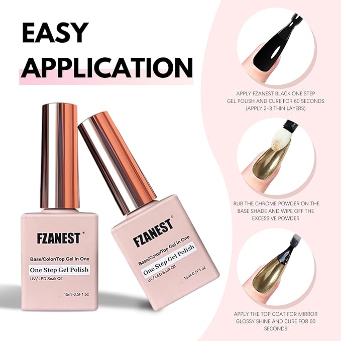 FZANEST Black Gel Polish Top Base Coat for Chrome Nail Powder, Hema-Free 3 in 1 One Step Gel Nail Polish Soak Off LED UV Nail Art Starter Manicure 15ml