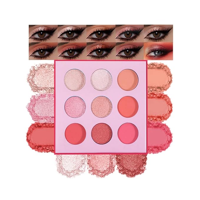 9-Color Pink Peach Eyeshadow Palette – Matte, Shimmer & Glitter Eye Makeup, High Pigment Warm Coral & Rose Shades, Long-Lasting Waterproof Blendable Professional Eyeshadow for Daily & Glam Looks