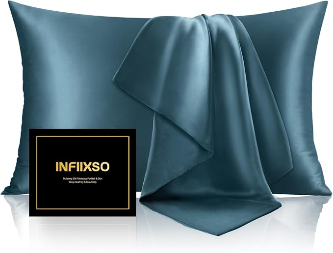 INFIIXSO Silk Pillow Cases 2 Pack Standard Size, Ultra Smooth & Soft Mulberry Silk Pillow Case for Hair and Skin, Breathable Cooling Silk Pillowcase with Hidden Zipper (Bluesteel, 20x26 Inches)