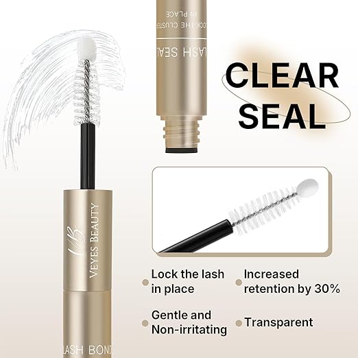 VEYESBEAUTY Lash Bond and Seal Waterproof 2 in 1 Cluster Lash Glue for Eyelash Extensions Long Lasting Strong Hold Individual Eyelash Glue for Self-Application at Home 5ml+5ml(White Bond)