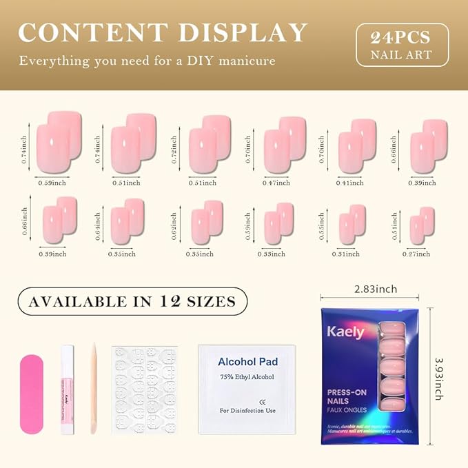 evpct Pale Nude Pink Short Square Glossy Press on Nails for Women Gift, Glossy Pale Nude Pink Fake Nail with Kits Manicure Kit, Soft Gel Full Cover Reusable Stick on Acrylic False Nails Perfectly Fit