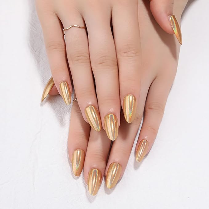 XZMeiLun 24Pcs Gold Holographic Acrylic Press on Nails Short Almond - Reusable Fake Nails with Nail Glue Kit, Long Lasting Chameleon Static Nails for Women Daily Wear & Parties (Glossy Laser Design)